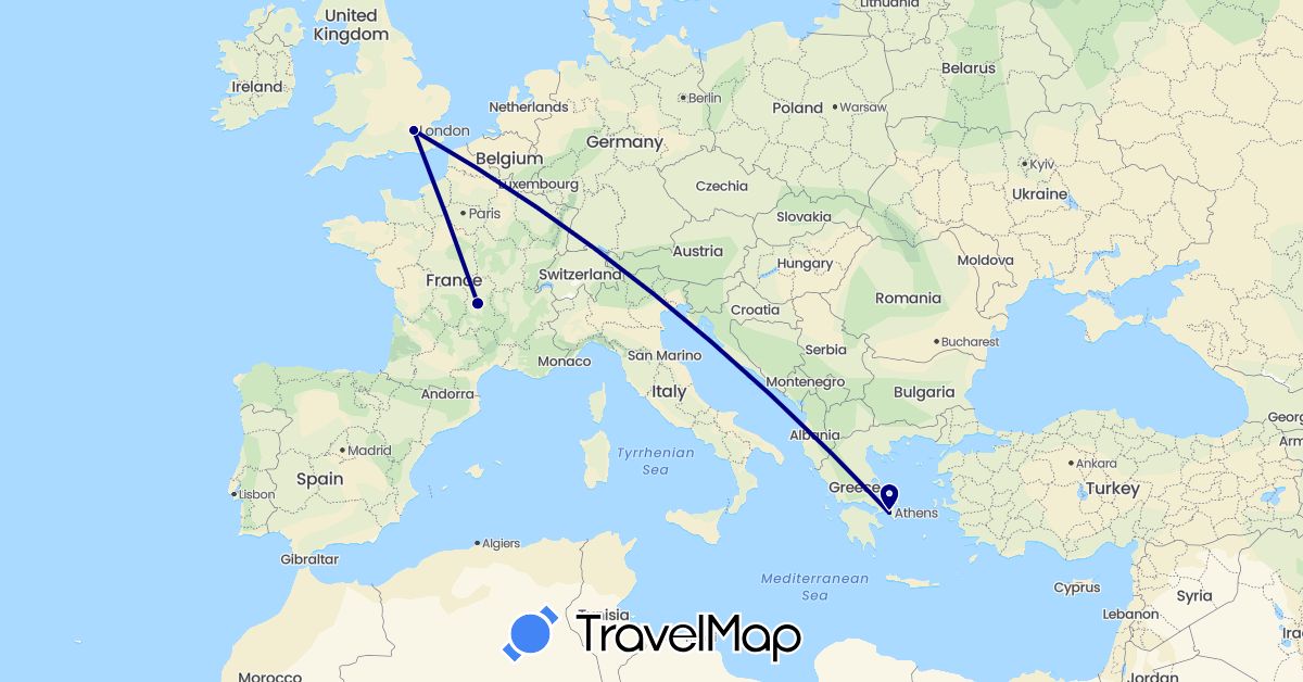 TravelMap itinerary: driving in France, United Kingdom, Greece (Europe)